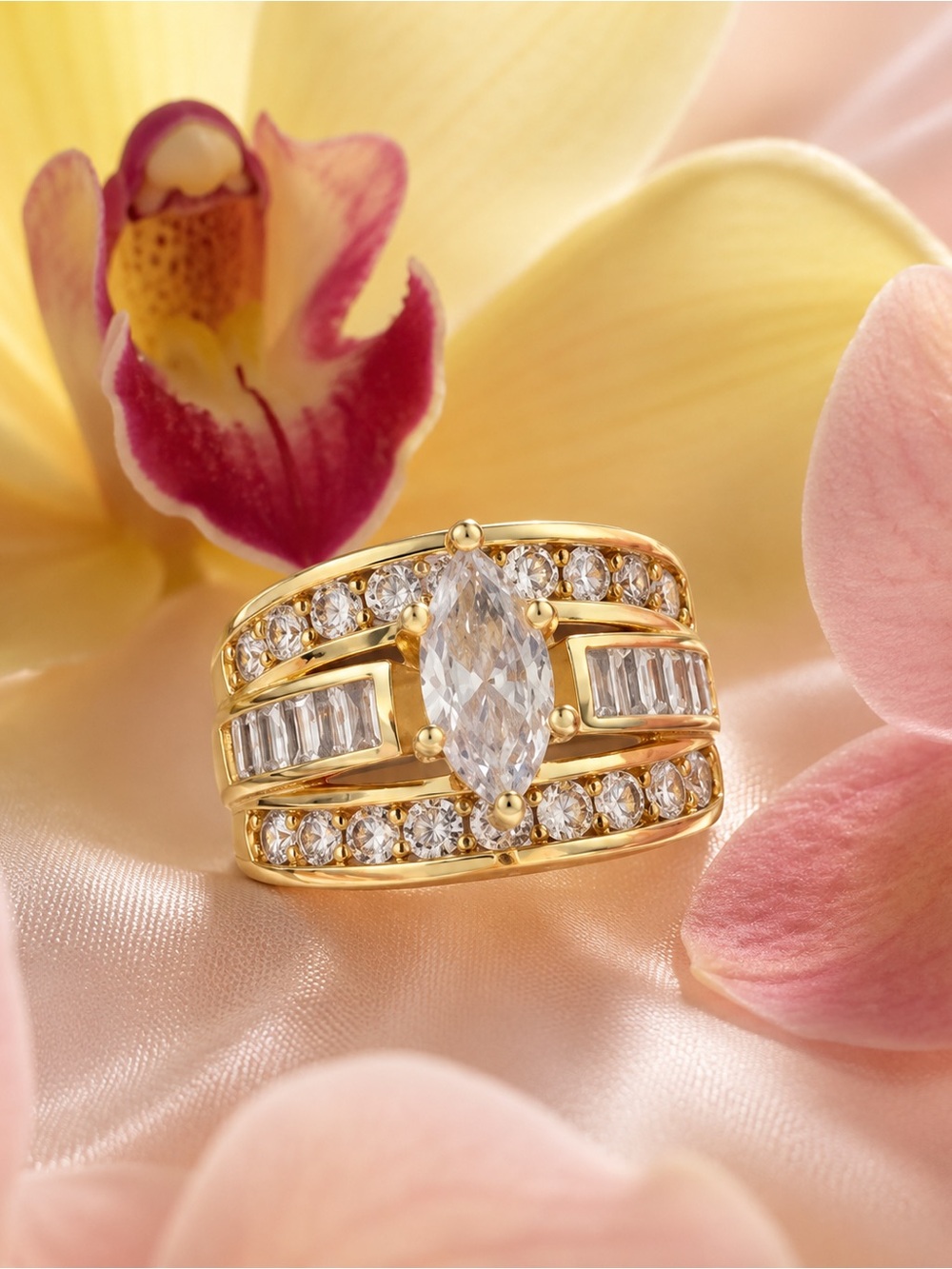 Gold Marquise-Center Crystal Statement Ring - Women Jewelry size 6 - Picture 5 of 6